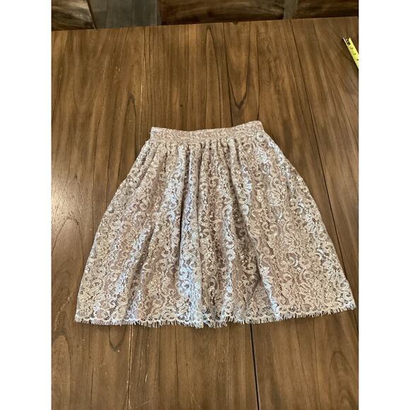 Anthropologie HD in PARIS Champagne Silver Metallic Lace Eyelash Hem Skirt Sz 0 - Picture 11 of 14